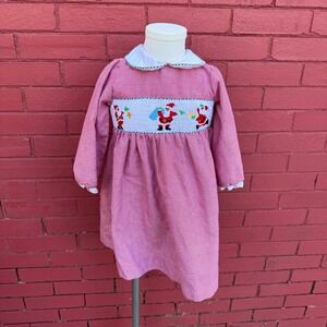 Vtg‎ Rare Editions Kids Girls Red Gingham Smocked Santa Christmas Dress 2T